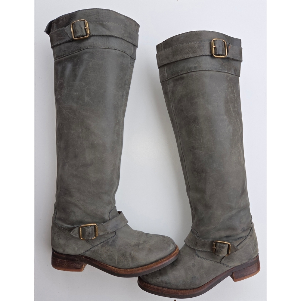 Jeffrey Campbell Gray Tall Leather Riding Boots with Buckles